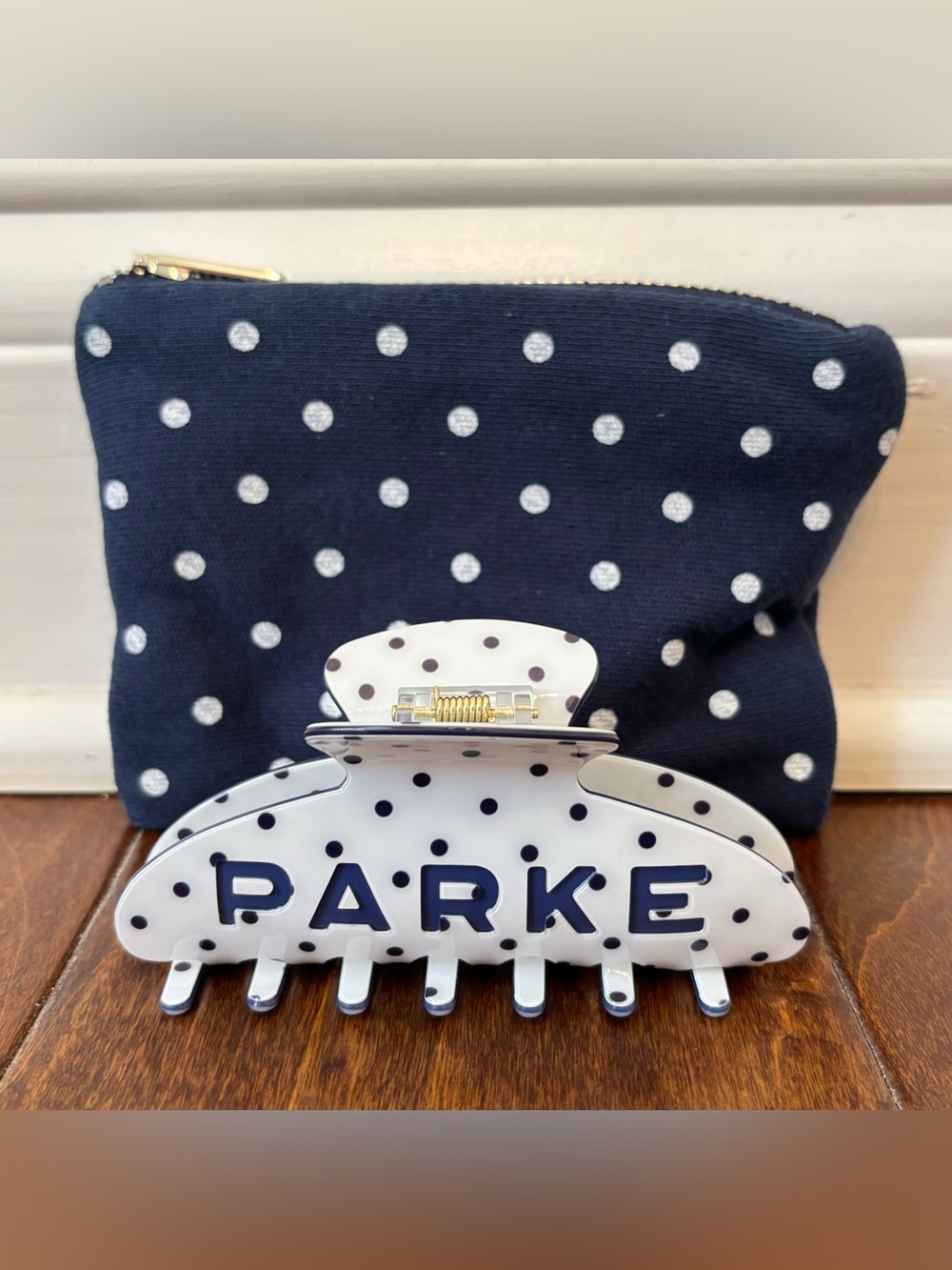 New Parke Claw Clip In White + Denim Polka Dot